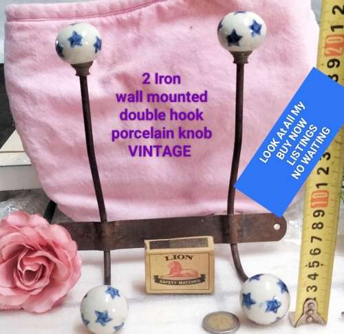 metal Wall mount Hooks 2 Double 4 porcelain blue stars Look at my Buy Now listings No Waiting