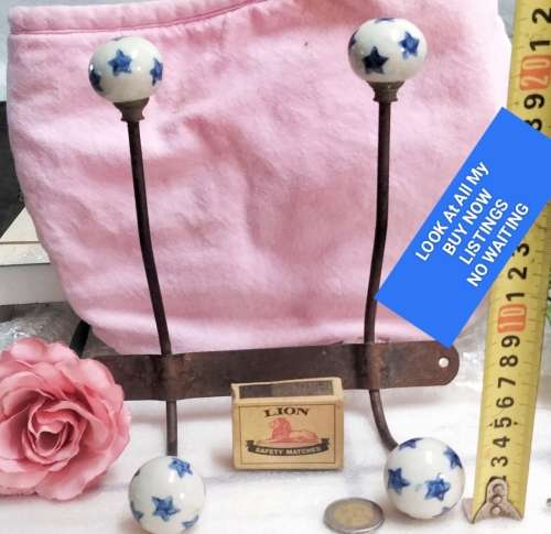 metal Wall mount Hooks 2 Double 4 porcelain blue stars Look at my Buy Now listings No Waiting