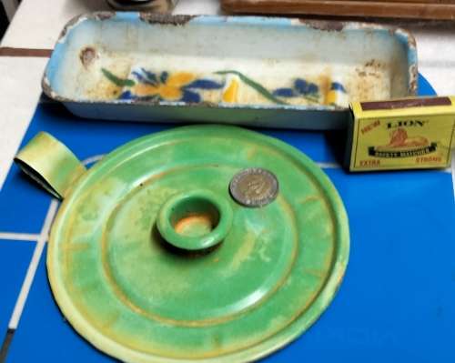 VTG1Enamel SOAPdish distressed+1metalCandle holder refurbishedLOOK At My BUY NOW LISTINGS NO WAITING