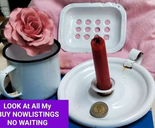 1Enamel SOAP Dish 1Candle stick holder 1MUG distressed Refurbished LOOKatMy BUY NOW ITEMS NO WAITING