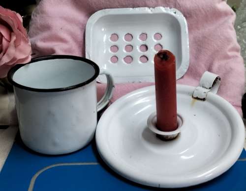 1Enamel SOAP Dish 1Candle stick holder 1MUG distressed Refurbished LOOKatMy BUY NOW ITEMS NO WAITING
