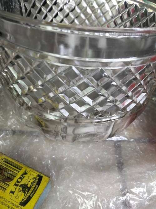 Ice bucket VINTAGE glass diamond design has hammered handle metal LOOK At My BUY NOW LISTING