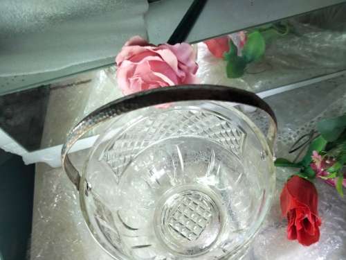 Ice bucket VINTAGE glass diamond design has hammered handle metal LOOK At My BUY NOW LISTING