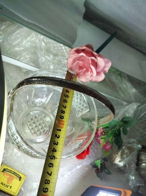 Ice bucket VINTAGE glass diamond design has hammered handle metal LOOK At My BUY NOW LISTING