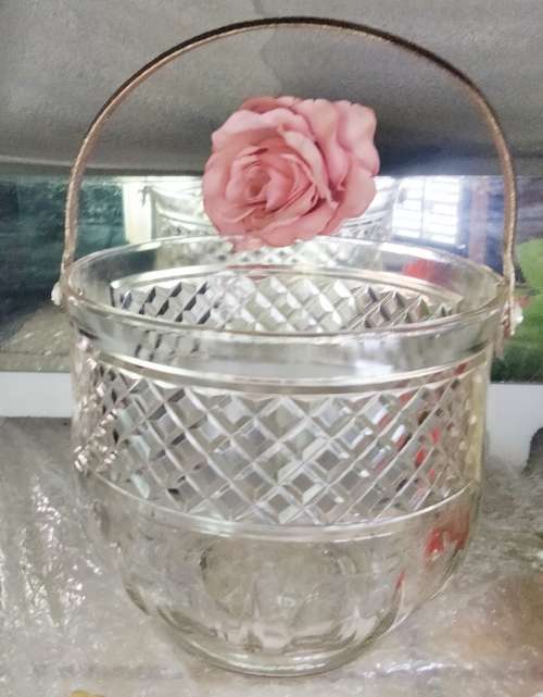 Ice bucket VINTAGE glass diamond design has hammered handle metal LOOK At My BUY NOW LISTING