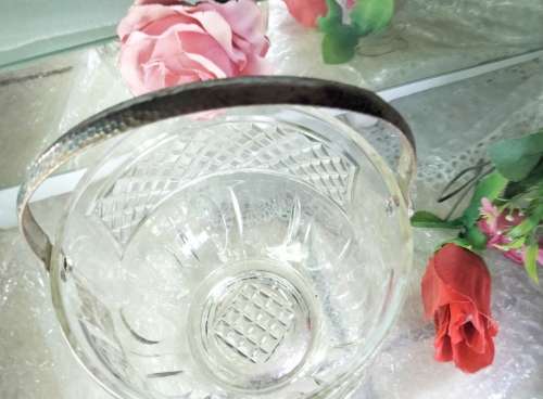 Ice bucket VINTAGE glass diamond design has hammered handle metal LOOK At My BUY NOW LISTING