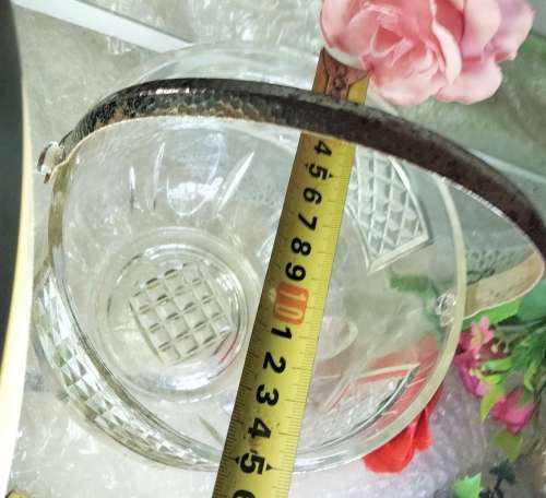 Ice bucket VINTAGE glass diamond design has hammered handle metal LOOK At My BUY NOW LISTING