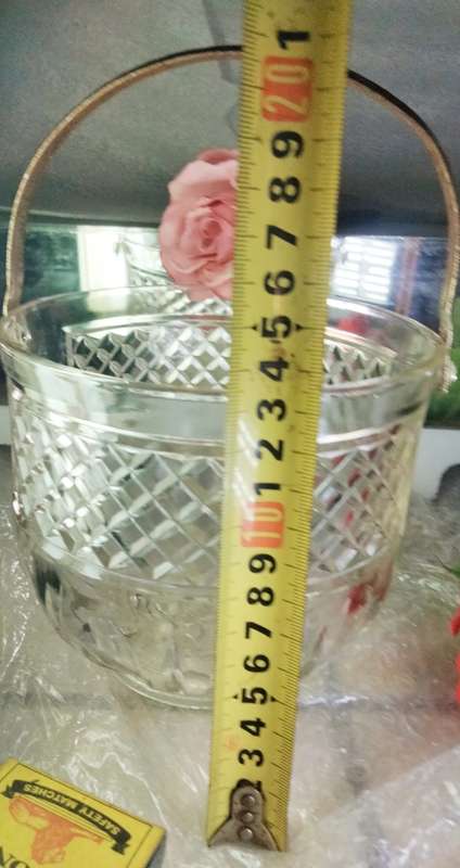 Ice bucket VINTAGE glass diamond design has hammered handle metal LOOK At My BUY NOW LISTING