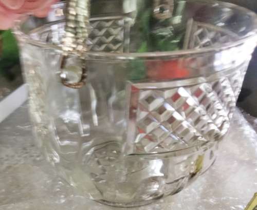 Ice bucket VINTAGE glass diamond design has hammered handle metal LOOK At My BUY NOW LISTING