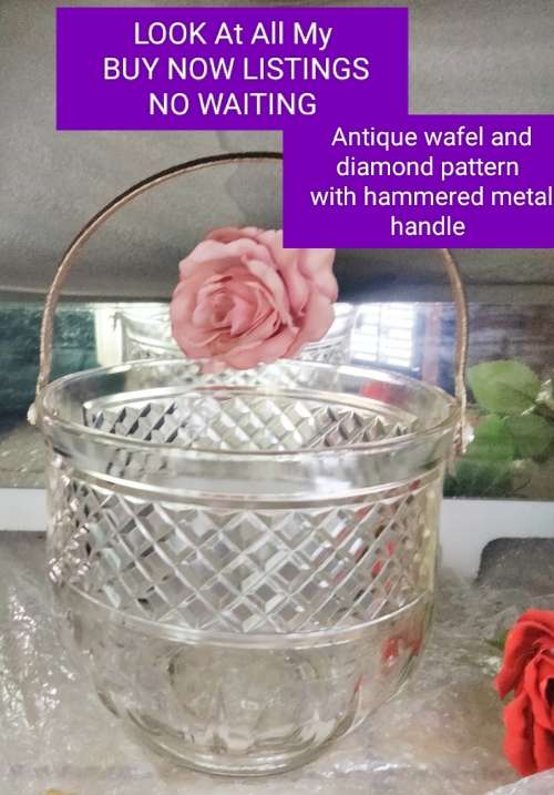 Ice bucket VINTAGE glass diamond design has hammered handle metal LOOK At My BUY NOW LISTING