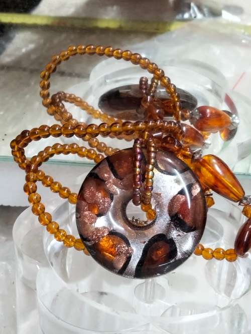 Necklace MURANO Italy glass Silver foil lampwork Pendant + Amber heart long drops glass beads
