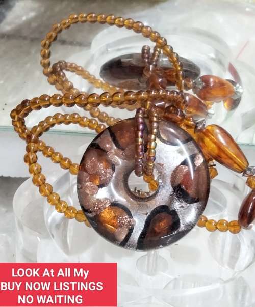 Necklace MURANO Italy glass Silver foil lampwork Pendant + Amber heart long drops glass beads