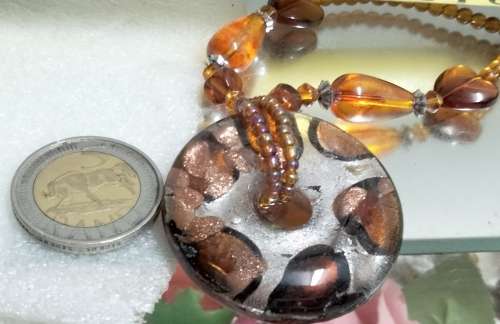 Necklace MURANO Italy glass Silver foil lampwork Pendant + Amber heart long drops glass beads