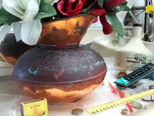 Copper Pitcher No handle distressed Patina - dings No handle Look at my Buy Now listings No Waiting