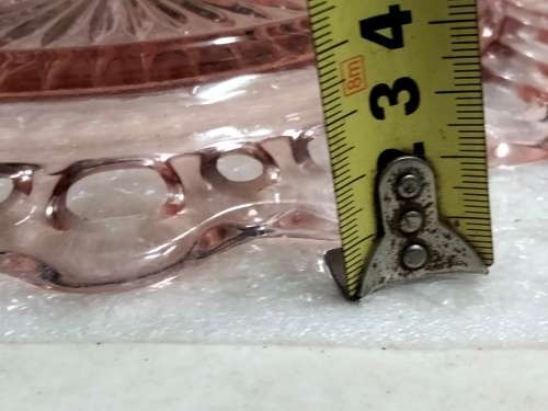 Pink lace cake Plate Glass Anchor Hocking cut outs edge +Note free 2 pink glass Cups have chips
