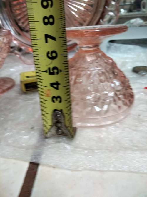 Pink lace cake Plate Glass Anchor Hocking cut outs edge +Note free 2 pink glass Cups have chips