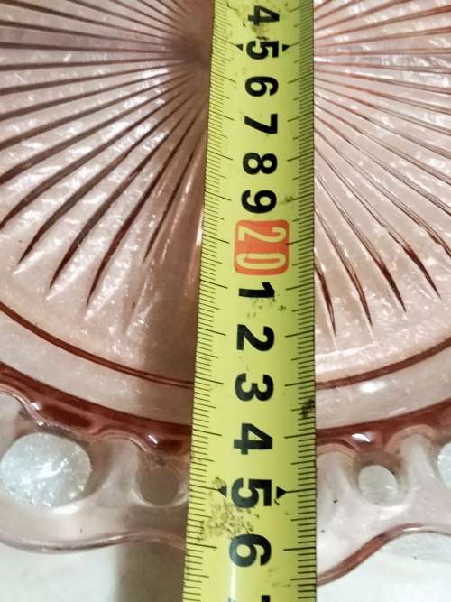 Pink lace cake Plate Glass Anchor Hocking cut outs edge +Note free 2 pink glass Cups have chips