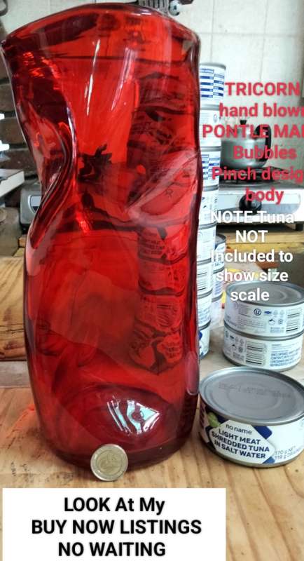 VASE Ruby Red heavy Glass*TRICORN*PINCH Hand Blown PONTLE+ Bubbles LOOKatMy BUY NOW items NO WAITING