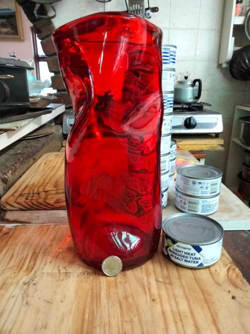 VASE Ruby Red heavy Glass*TRICORN*PINCH Hand Blown PONTLE+ Bubbles LOOKatMy BUY NOW items NO WAITING