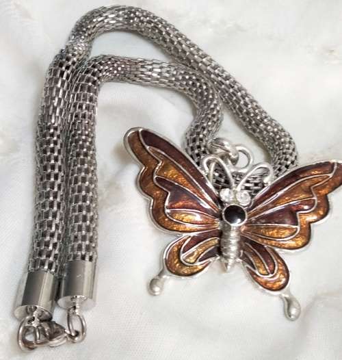 NECKLACE Butterfly Cloisonné Crystals black Onyx style stones chain 42 cm LOOK At My BUY NOW LISTING