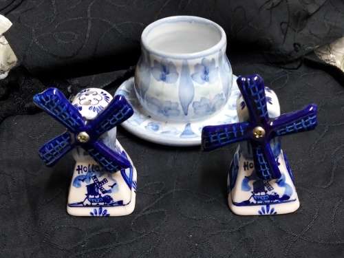Salts -2 Delft Windmills Holland  fan blades move colour brilliant+Candle holder