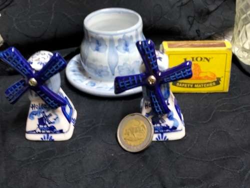 Salts -2 Delft Windmills Holland  fan blades move colour brilliant+Candle holder