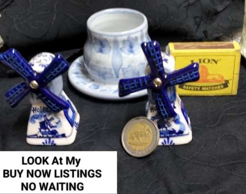 Salts -2 Delft Windmills Holland  fan blades move colour brilliant+Candle holder