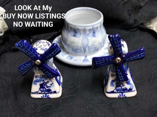 Salts -2 Delft Windmills Holland  fan blades move colour brilliant+Candle holder