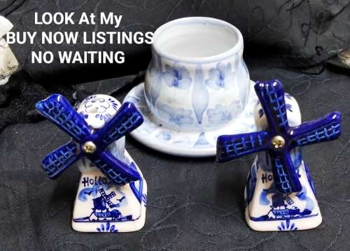 Salts -2 Delft Windmills Holland  fan blades move colour brilliant+Candle holder