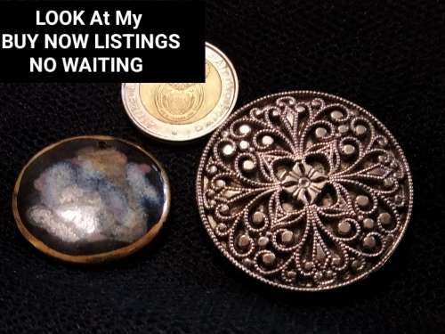 BROOCH 1 Silver Tone filigree style+1 Enamel top abstract Look at my Buy Now listings No Waiting
