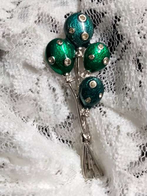 BROOCH Silver Tone metal Crystals clear onGreen Blue Balloons LOOK At My BUY NOW LISTINGS NO WAITING