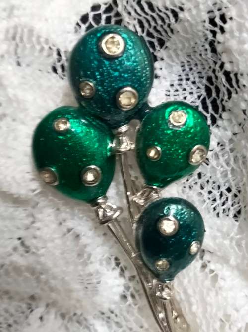 BROOCH Silver Tone metal Crystals clear onGreen Blue Balloons LOOK At My BUY NOW LISTINGS NO WAITING