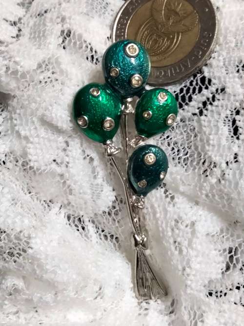 BROOCH Silver Tone metal Crystals clear onGreen Blue Balloons LOOK At My BUY NOW LISTINGS NO WAITING