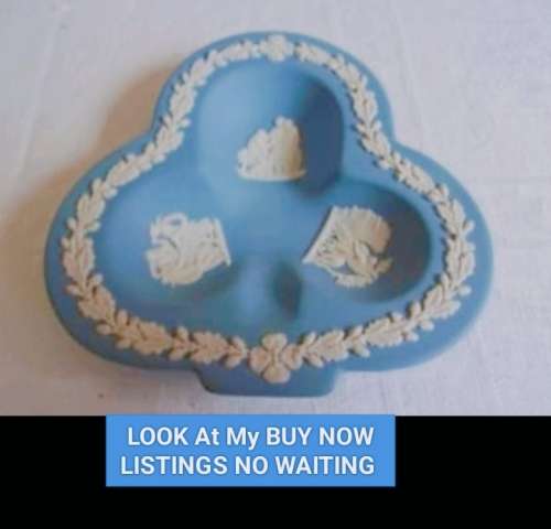WEDGEWOOD Jasper dish Clover leaf*3 diff.Maiden GrVines white on blue*LOOK At My BUY NOW *NO WAITING
