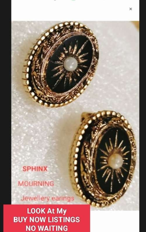 Earrings clip on-RARE SPHINX Black cut glass faux pearl Root 1947/1970Chiswick UK Mourning Jewelry