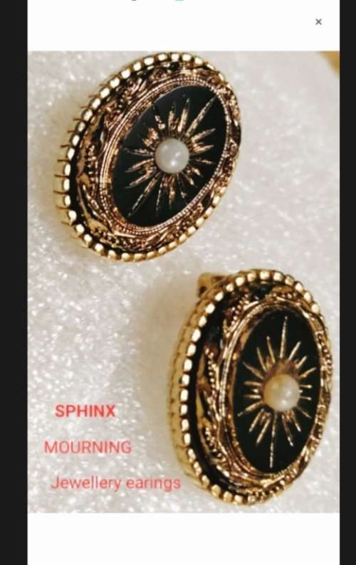 Earrings clip on-RARE SPHINX Black cut glass faux pearl Root 1947/1970Chiswick UK Mourning Jewelry