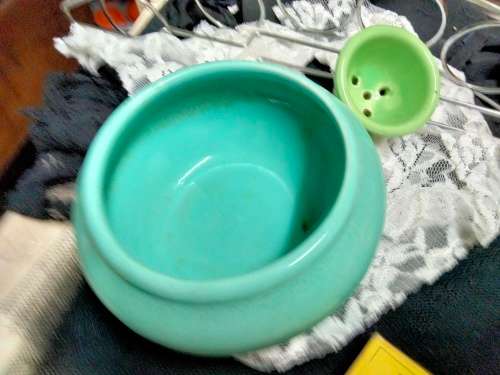 Flower frog green + Vase torquois ceramic LOOK At My BUY NOW LISTINGS NO WAITING