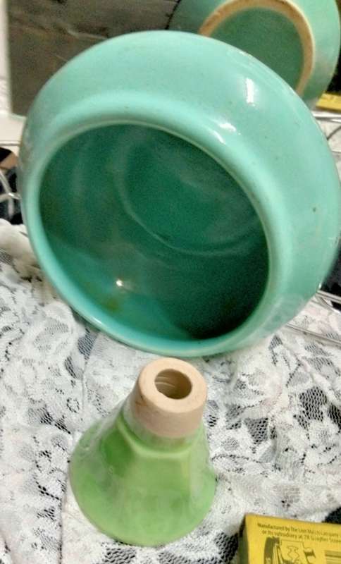 Flower frog green + Vase torquois ceramic LOOK At My BUY NOW LISTINGS NO WAITING
