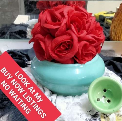 Flower frog green + Vase torquois ceramic LOOK At My BUY NOW LISTINGS NO WAITING