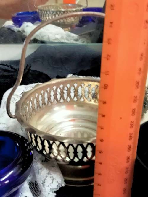 EPNS Basket dish cut out design handle scalloped base foot cobalt liner 6 Elwezetta TeaSpoonsHOLLAND