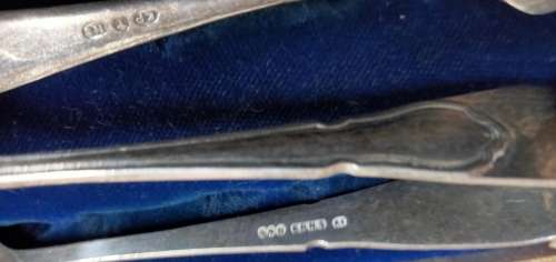 3 EPNS dinner table items 1 sugar Nips +2 pickle Forks1 MOP handle+Box for 1 bid