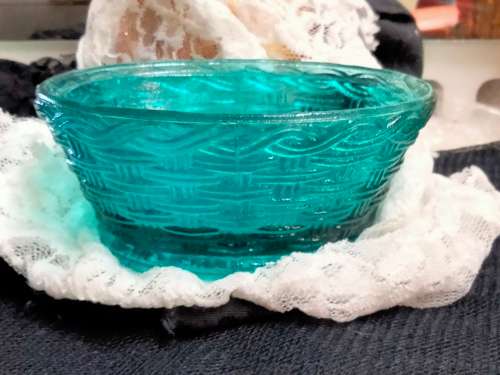 Small VASE Glass in style of SOWERBY  Blue dish basket weave design unmarked