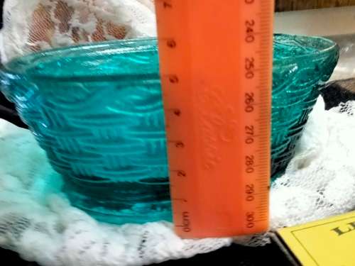 Small VASE Glass in style of SOWERBY  Blue dish basket weave design unmarked