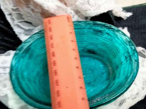Small VASE Glass in style of SOWERBY  Blue dish basket weave design unmarked