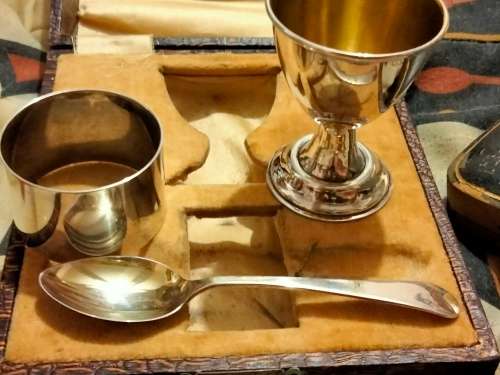 VTG Boxed set CHRISTENING gift Egg Cup Serviette Ring Tea Spoon EPNS LOOK At My BUY NOW NO WAITING