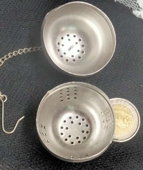 Tea Strainer Infuser Ball shape has chain + hook to hang EPNS plate Look at my Buy Now listings No W
