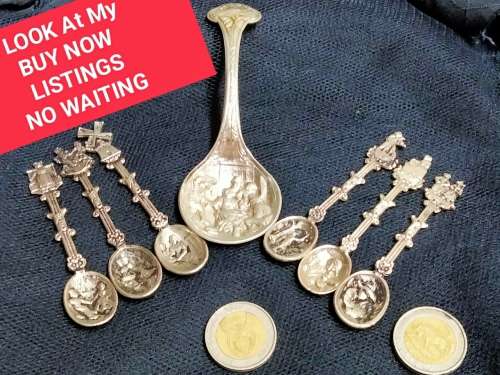6 Salt Spoons +1 Sugar Spoon Silver Plated Raised embossed DUTCH Publican Scenes