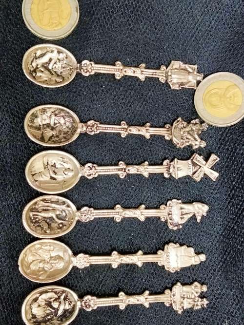 6 Salt Spoons +1 Sugar Spoon Silver Plated Raised embossed DUTCH Publican Scenes