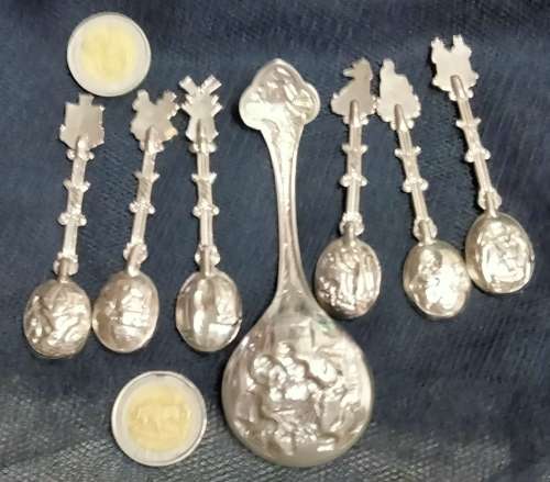 6 Salt Spoons +1 Sugar Spoon Silver Plated Raised embossed DUTCH Publican Scenes