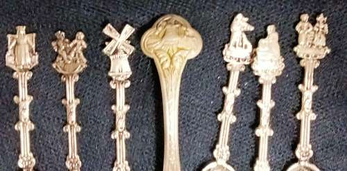 6 Salt Spoons +1 Sugar Spoon Silver Plated Raised embossed DUTCH Publican Scenes